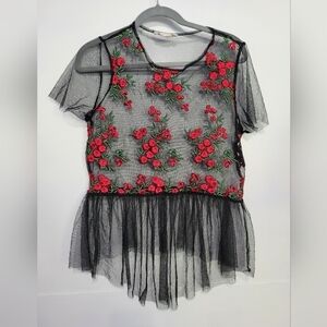 Twinkle Tulle Overlay Floral Embroidered Top in Black Small?